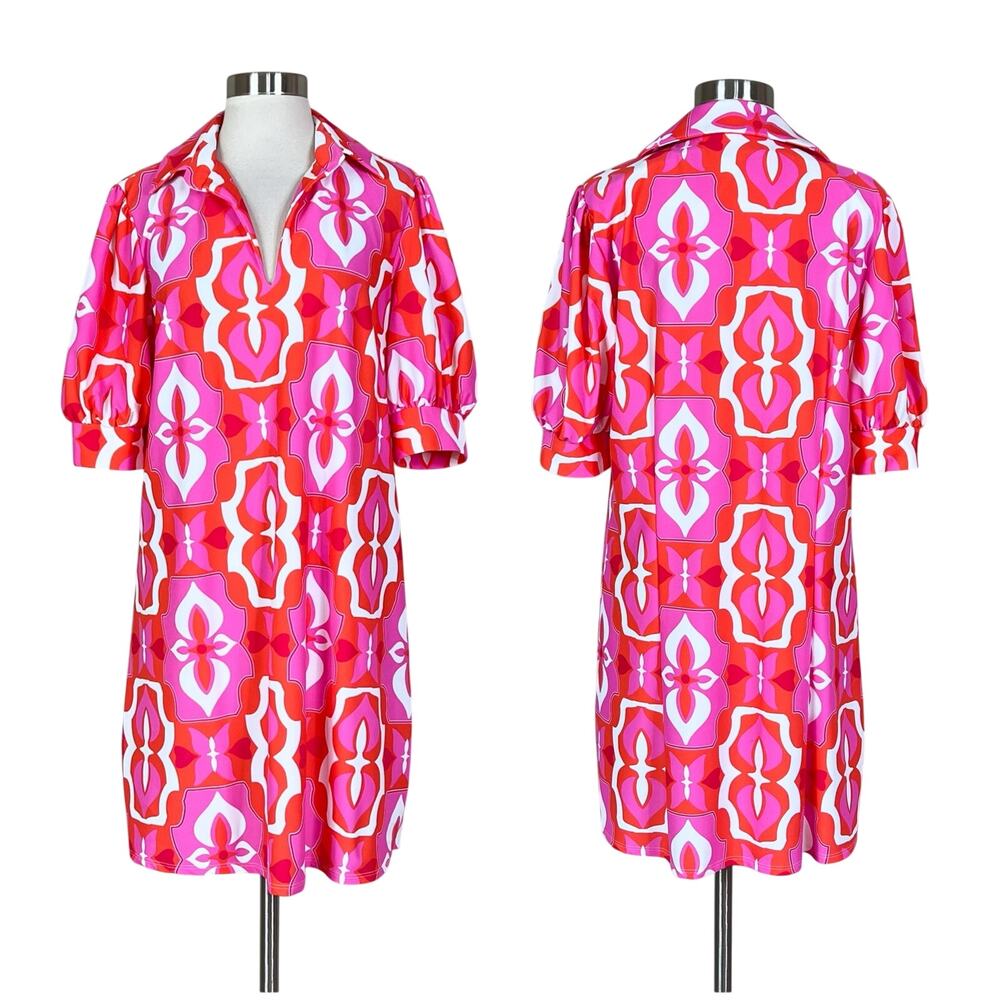 Jude Connally | Geometric Pink Orange Puff Sleeve Shift Mini Dress Medium M
